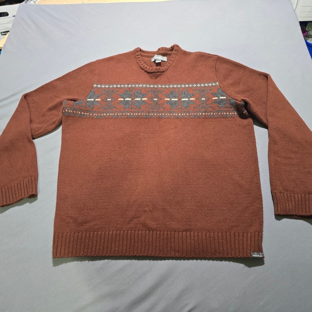 Eddie Bauer Sweater Mens TXL Rust Wool Blend Fair Isle Snowflake Gorpcore
